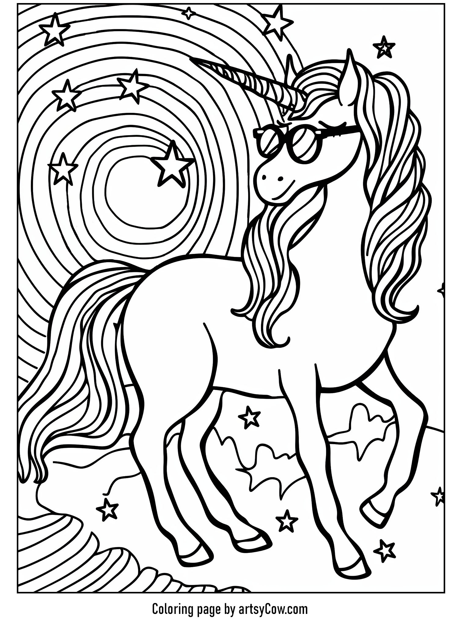 a charming unicorn wearing glasses amidst a backdrop of swirling stars